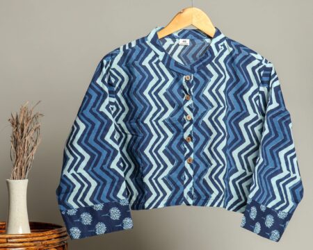 Handmade Cotton Shirt for Women ? Black & Grey Zigzag Print Button-Down Top with Full Sleeves